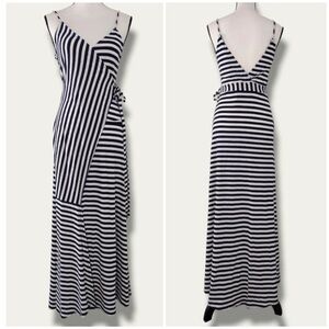 NEW IF BY THE SEA LOS ANGELES CA. Nautical Navy/White Striped Wrap Maxi Dress M